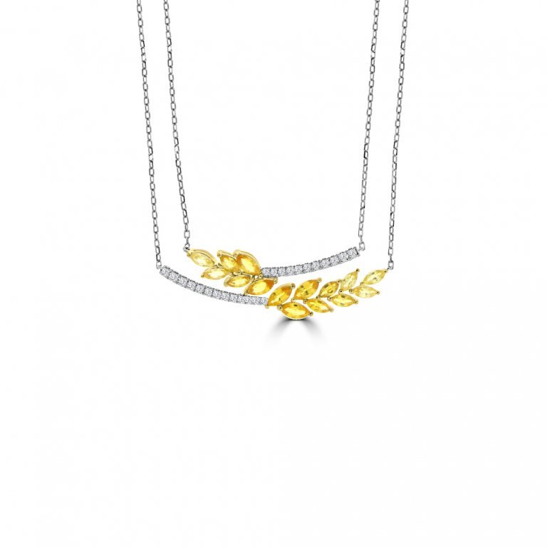 Ombré Yellow Sapphire Diamond Vine Curve Necklace in 18K White Gold, 18K Yellow Gold