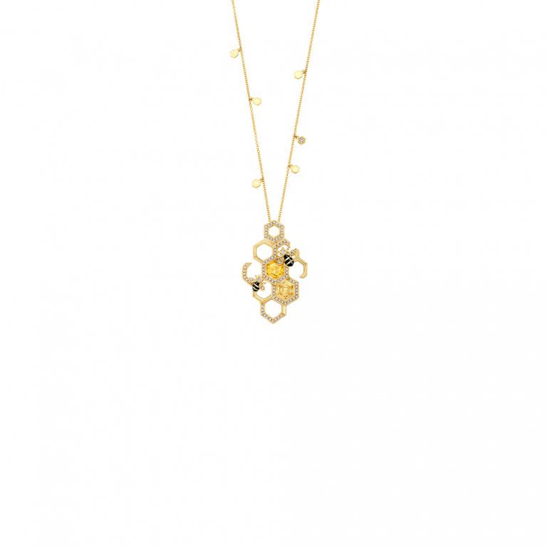 Citrine Diamond Honeycomb Enamel Honeybee Pendant with Chain in 18k Yellow Gold