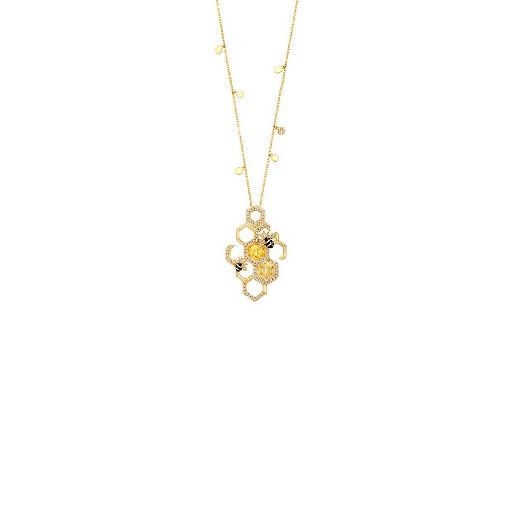 Citrine Diamond Honeycomb Enamel Honeybee Pendant with Chain