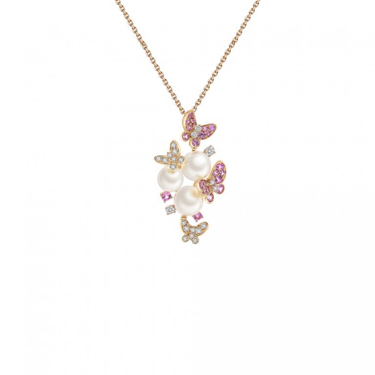 Akoya Pearl Pink Sapphire Diamond Butterflies Pendant with Chain in 18k Rose Gold