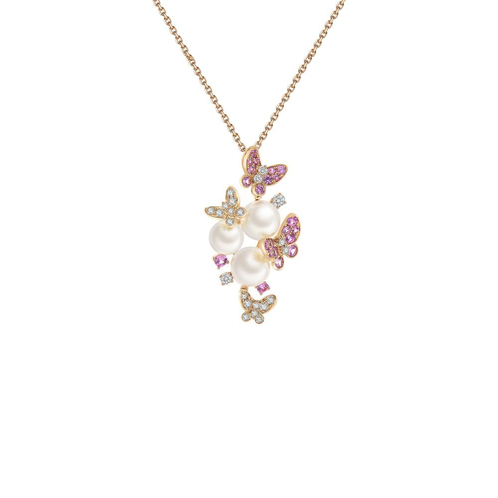 Akoya Pearl Pink Sapphire Diamond Butterflies Pendant with Chain