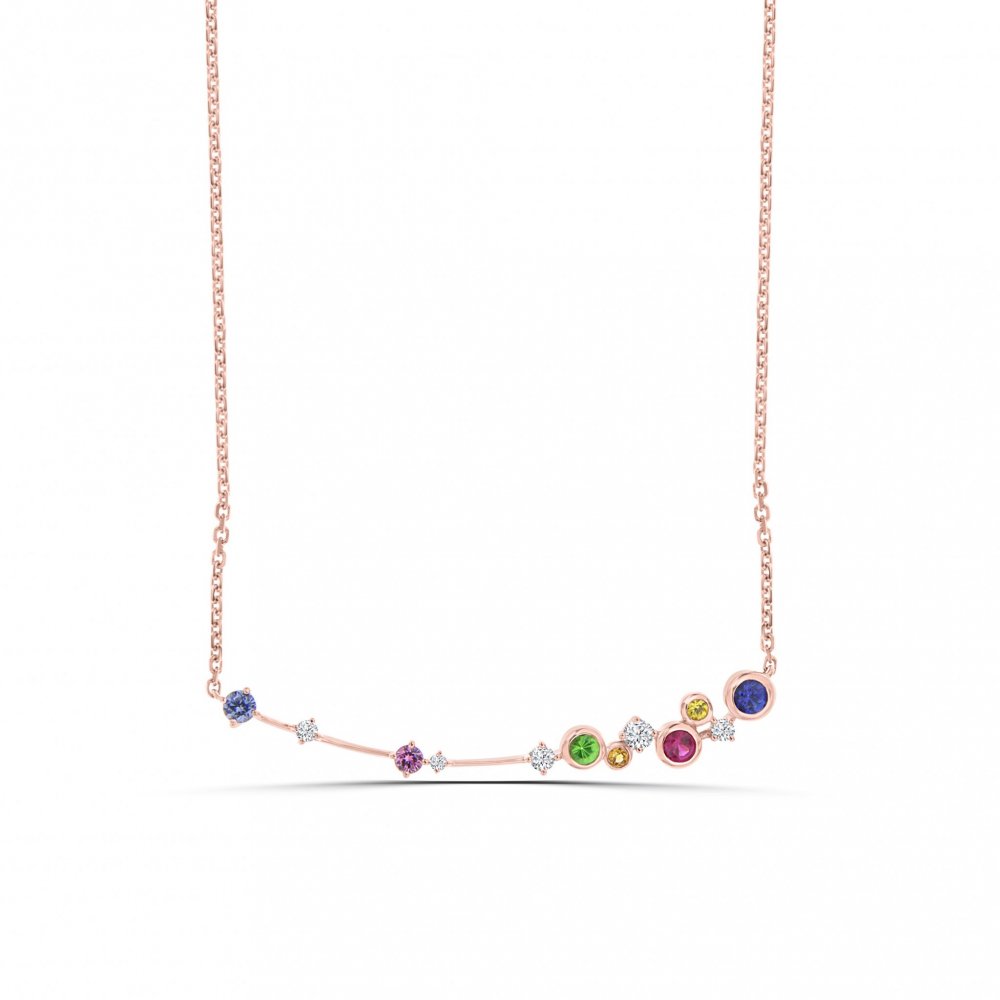 Rainbow Sapphire Ruby Green Garnet Diamond Curve Pendant with Chain