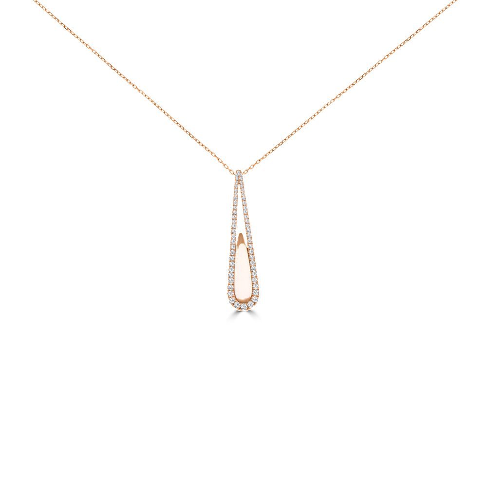 Pink Quartz Diamond Drop Pendant with Chain in 18K Rose Gold