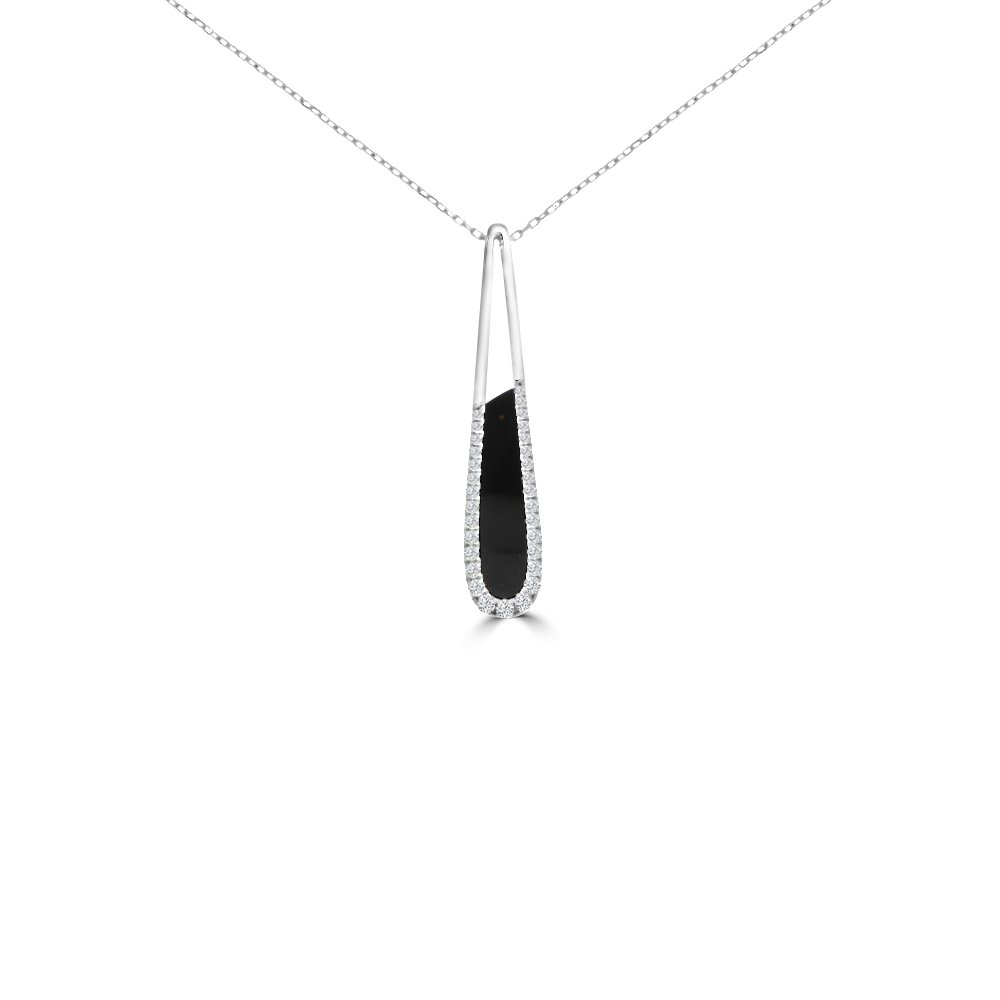 Black Agate Diamond Drop Pendant with Chain in 18K White Gold