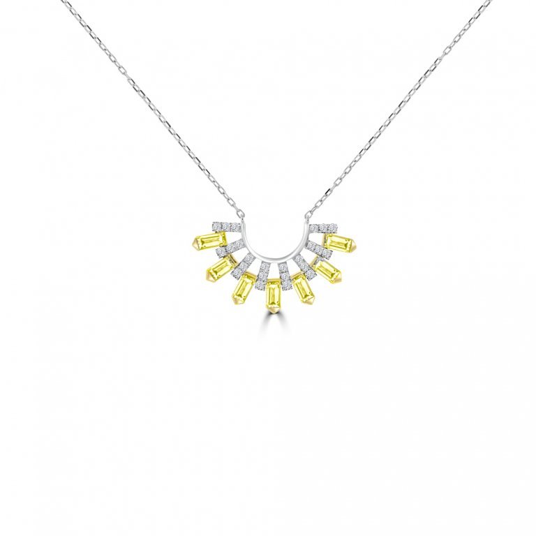 Yellow Sapphire Diamond Sunburst Curve Pendant with Chain in 18K White Gold, 18K Yellow Gold