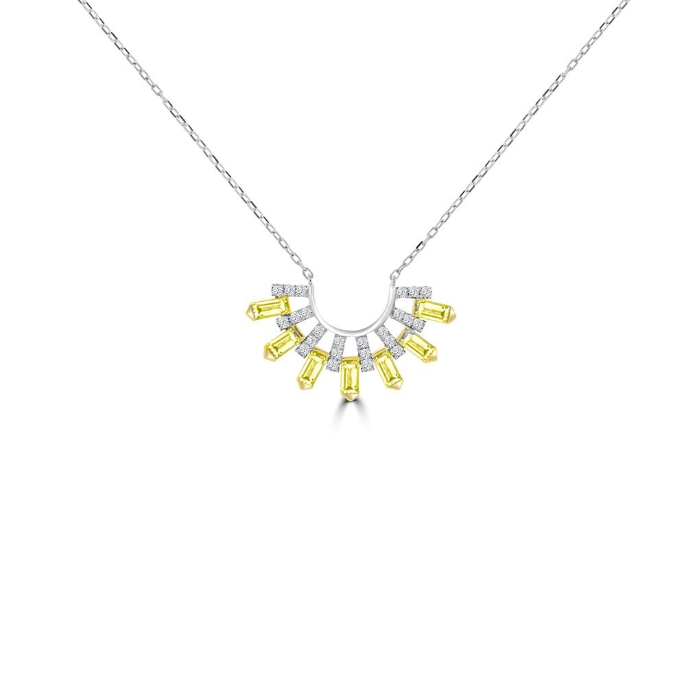 Yellow Sapphire Diamond Sunburst Curve Pendant with Chain