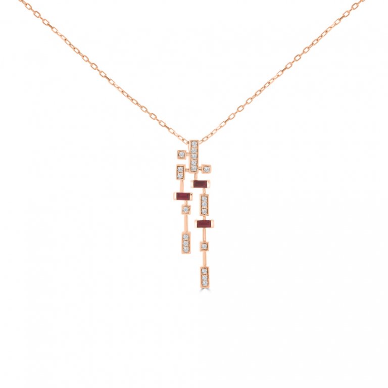 Ruby Diamond Cascade Pendant with Chain in 18K Rose Gold
