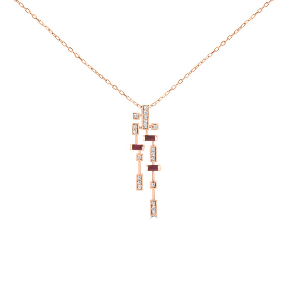 Ruby Diamond Cascade Pendant with Chain in 18K Rose Gold
