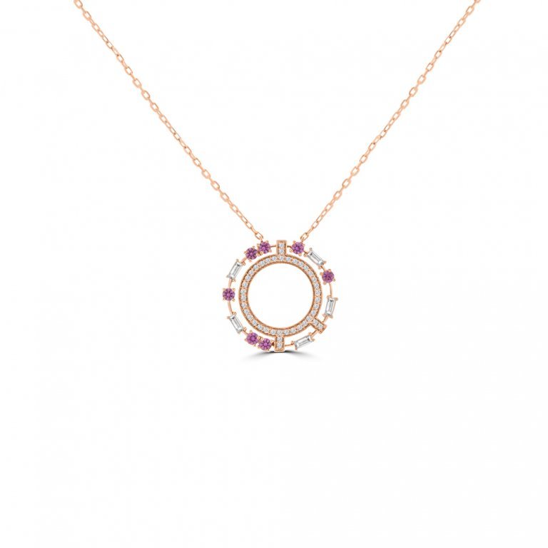 Pink Sapphire Diamond Open Circle Pendant with Chain in 18K Rose Gold