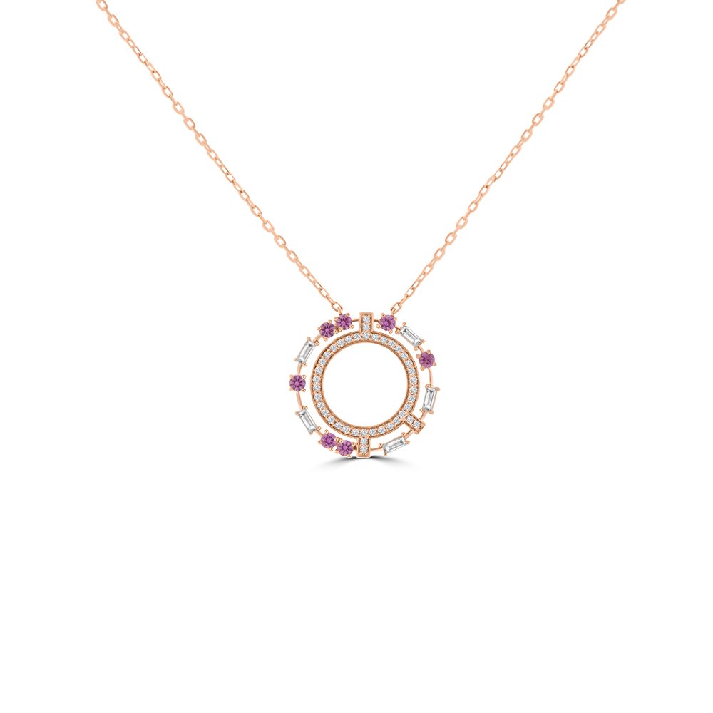 Pink Sapphire Diamond Open Circle Pendant with Chain