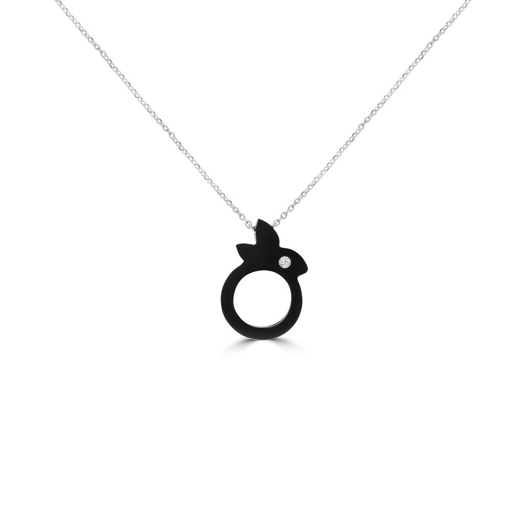 Black Agate Diamond Bunny Pendant with Chain