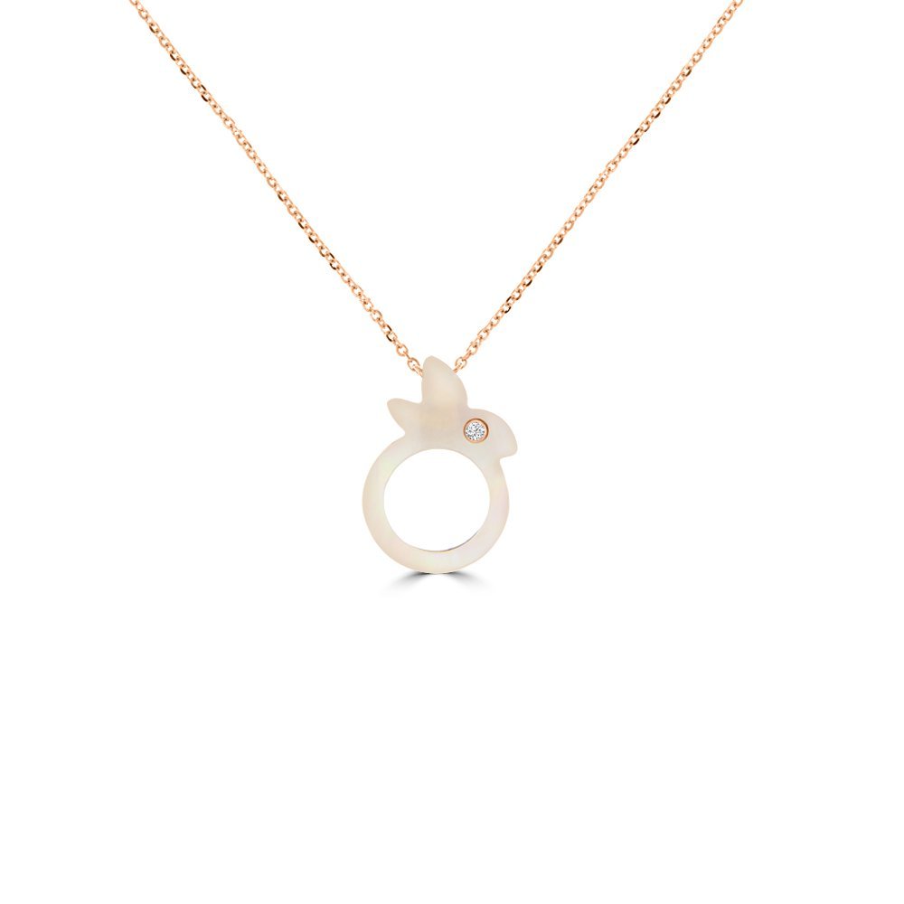 Pink Mother of Pearl Diamond Bunny Pendant with Chain