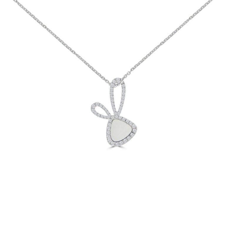 White Mother of Pearl Diamond Bunny Pendant with Chain in 18K White Gold