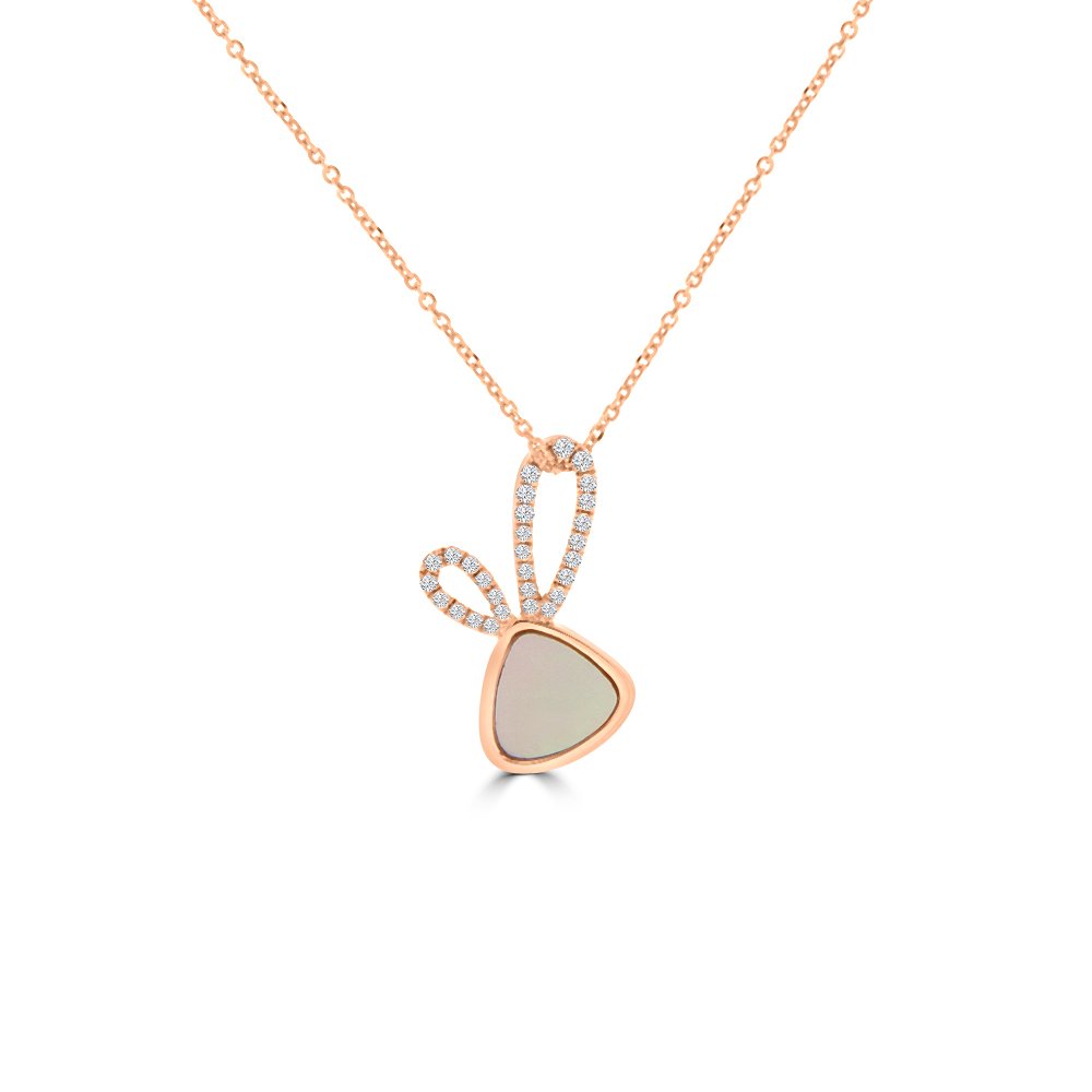 Pink Mother of Pearl Diamond Bunny Pendant with Chain in 18K Rose Gold