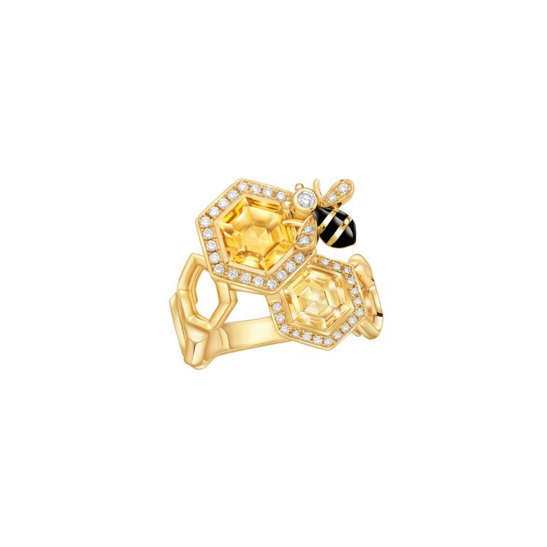 Citrine Diamond Honeycomb Enamel Honeybee Ring in 18K Yellow Gold