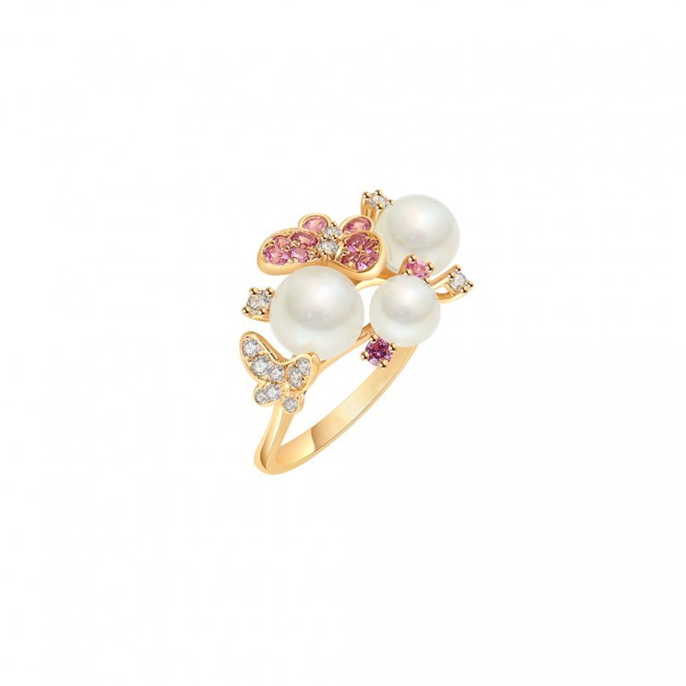 Akoya Pearl Pink Sapphire Diamond Butterflies Ring in 18K Rose Gold