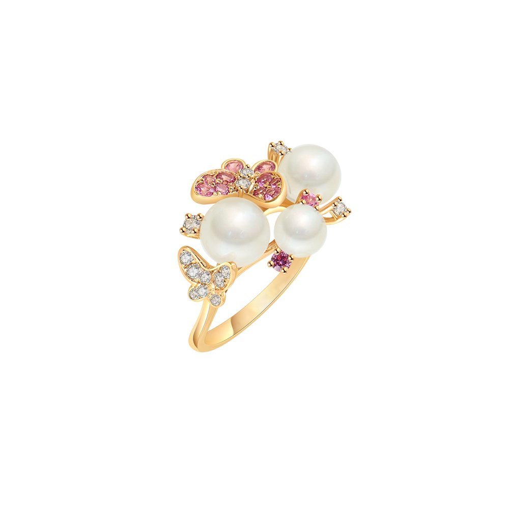 Akoya Pearl Pink Sapphire Diamond Butterflies Ring
