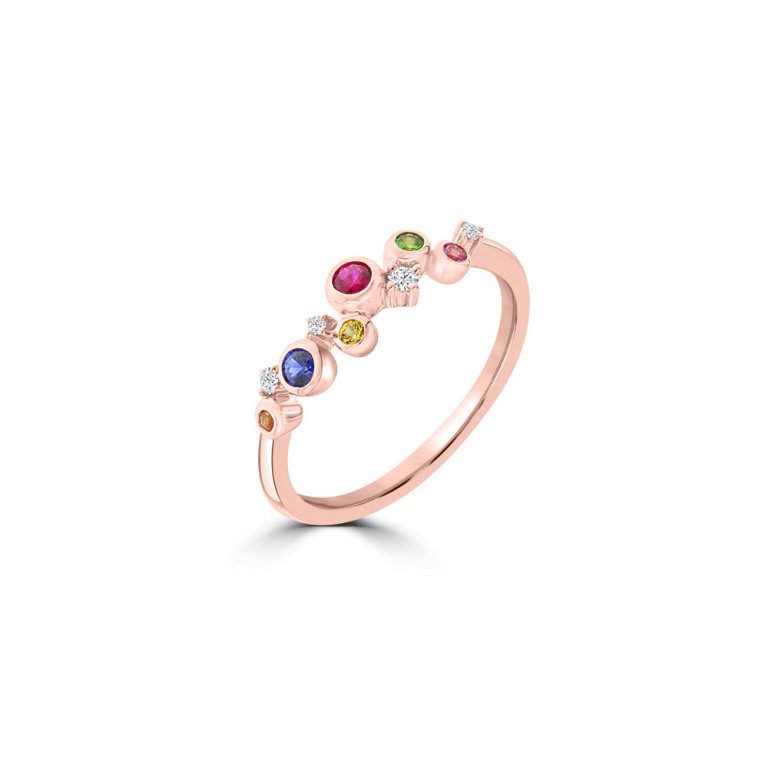Rainbow Sapphire Ruby Green Garnet Diamond Ring in 18K Rose Gold