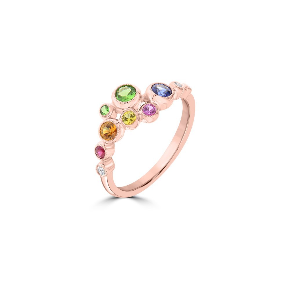 Rainbow Sapphire Ruby Green Garnet Diamond Ring in 18K Rose Gold