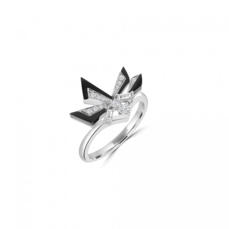 Black Agate Diamond Geometric Ring in 18K White Gold