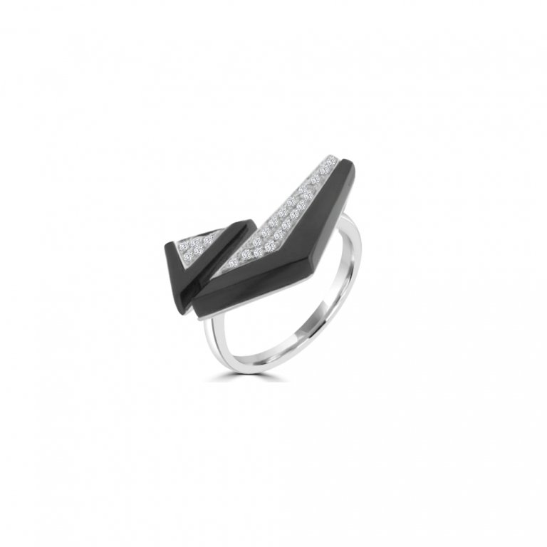 Black Agate Diamond Geometric Ring in 18K White Gold
