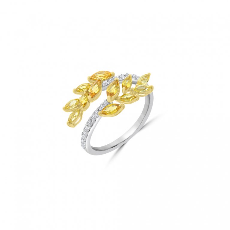 Ombré Yellow Sapphire Diamond Vine Ring in 18K White Gold, 18K Yellow Gold