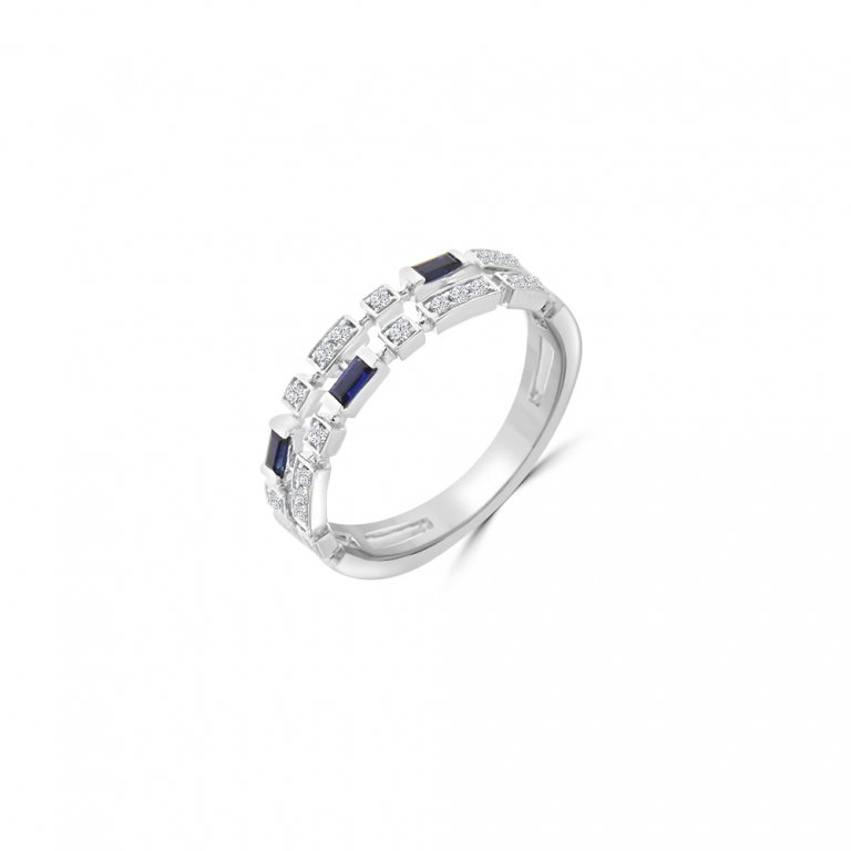 Sapphire Diamond Double Row Ring in 18K White Gold