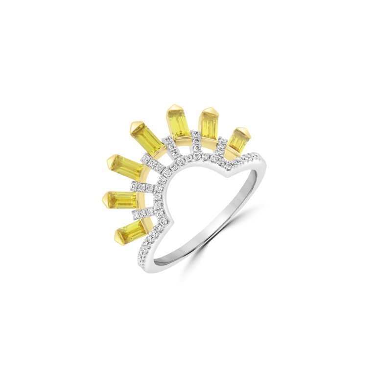 Yellow Sapphire Diamond Sunburst Ring in 18K White Gold, 18K Yellow Gold
