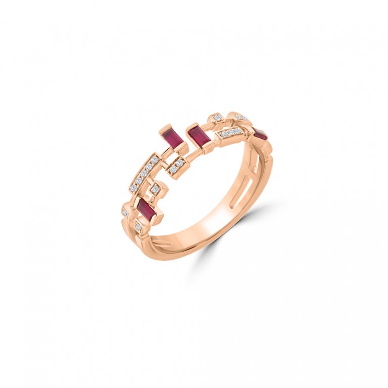 Ruby Diamond Double Row Ring in 18K Rose Gold