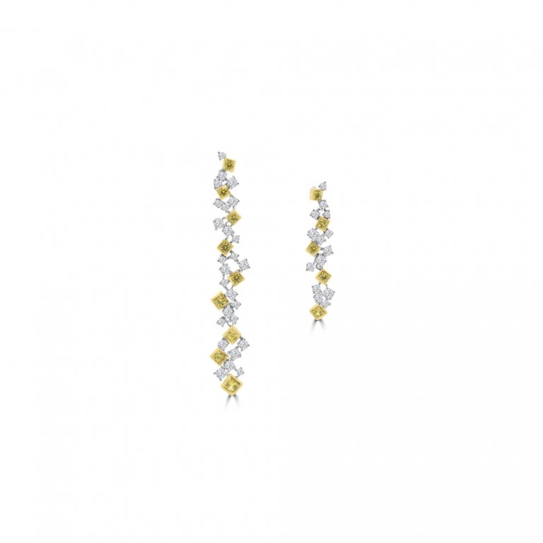 Yellow Sapphire Diamond Cluster Drop Earrings in 18K White Gold, 18K Yellow Gold