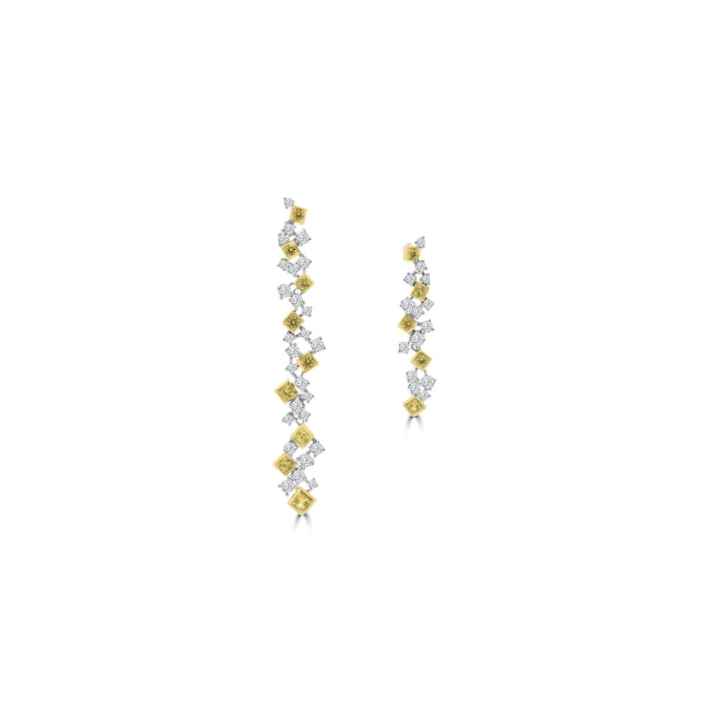 Yellow Sapphire Diamond Cluster Drop Earrings in 18K White Gold, 18K Yellow Gold