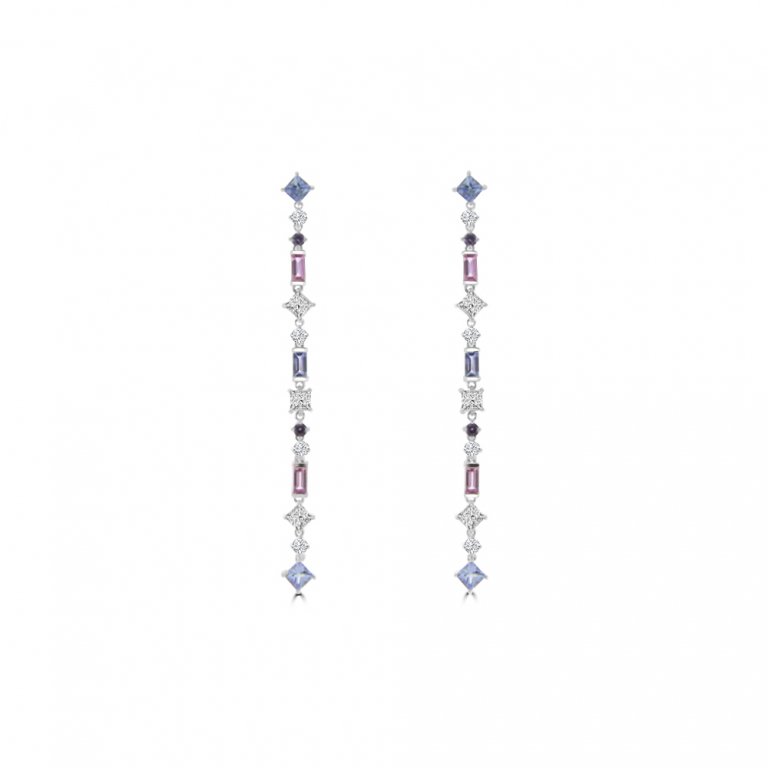 Multi Sapphire Aquamarine Diamond Drop Earrings in 18K White Gold