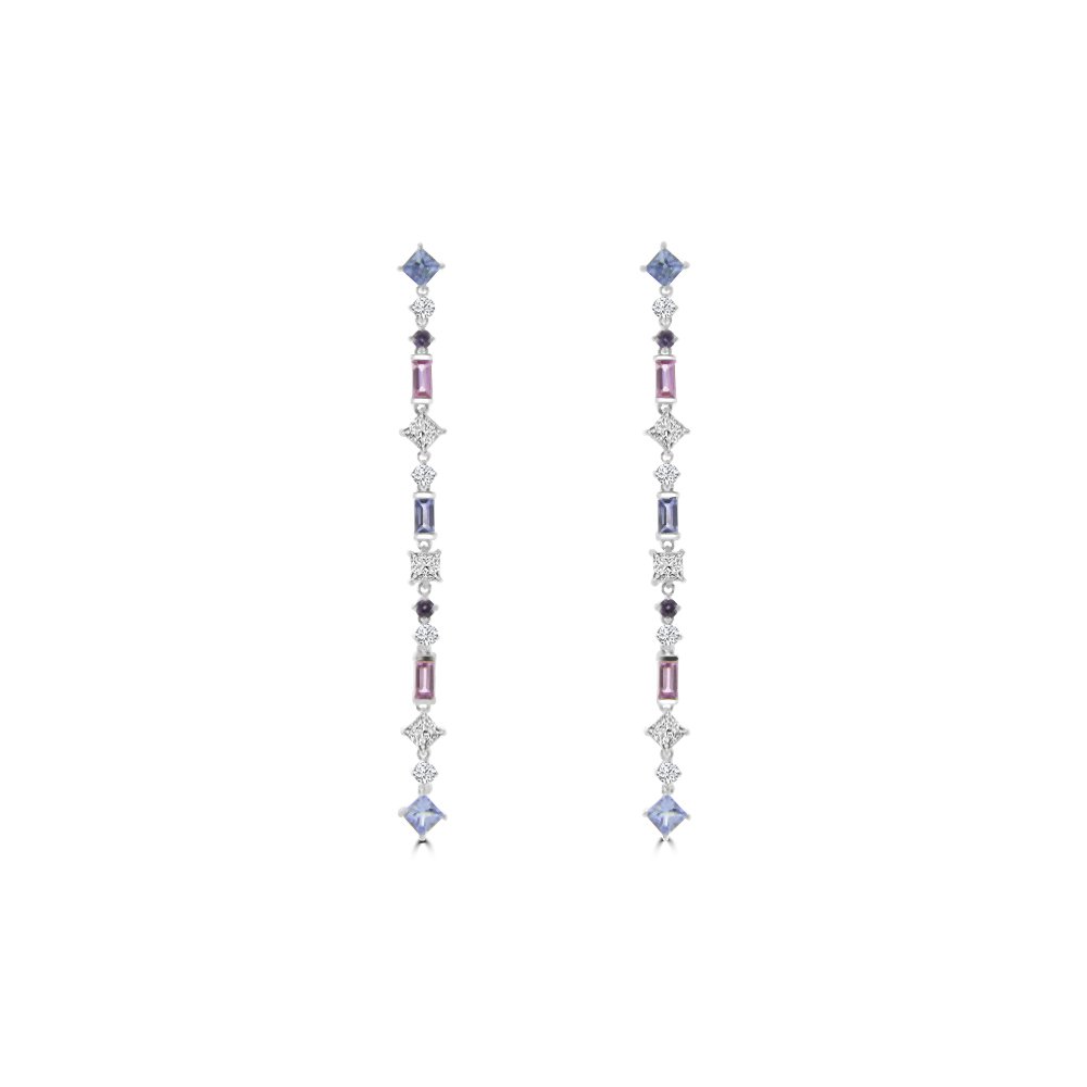 Multi Sapphire Aquamarine Diamond Drop Earrings in 18K White Gold