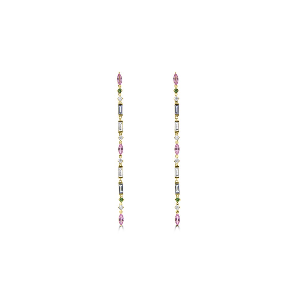 Multi Sapphire Aquamarine Green Garnet Diamond Drop Earrings in 18K Yellow Gold
