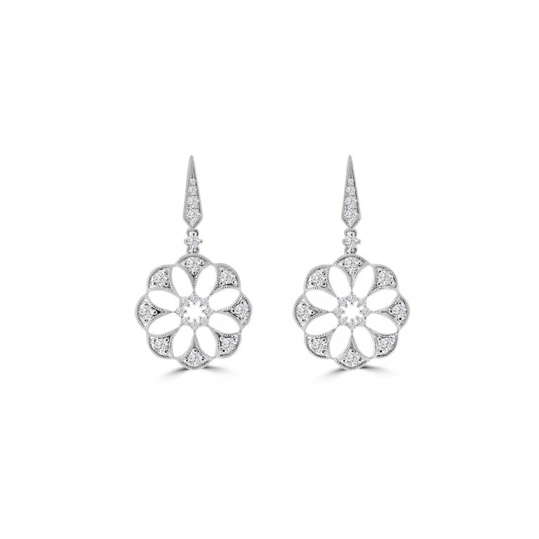 Diamond Floral Openwork Drop Earrings in 18K White Gold