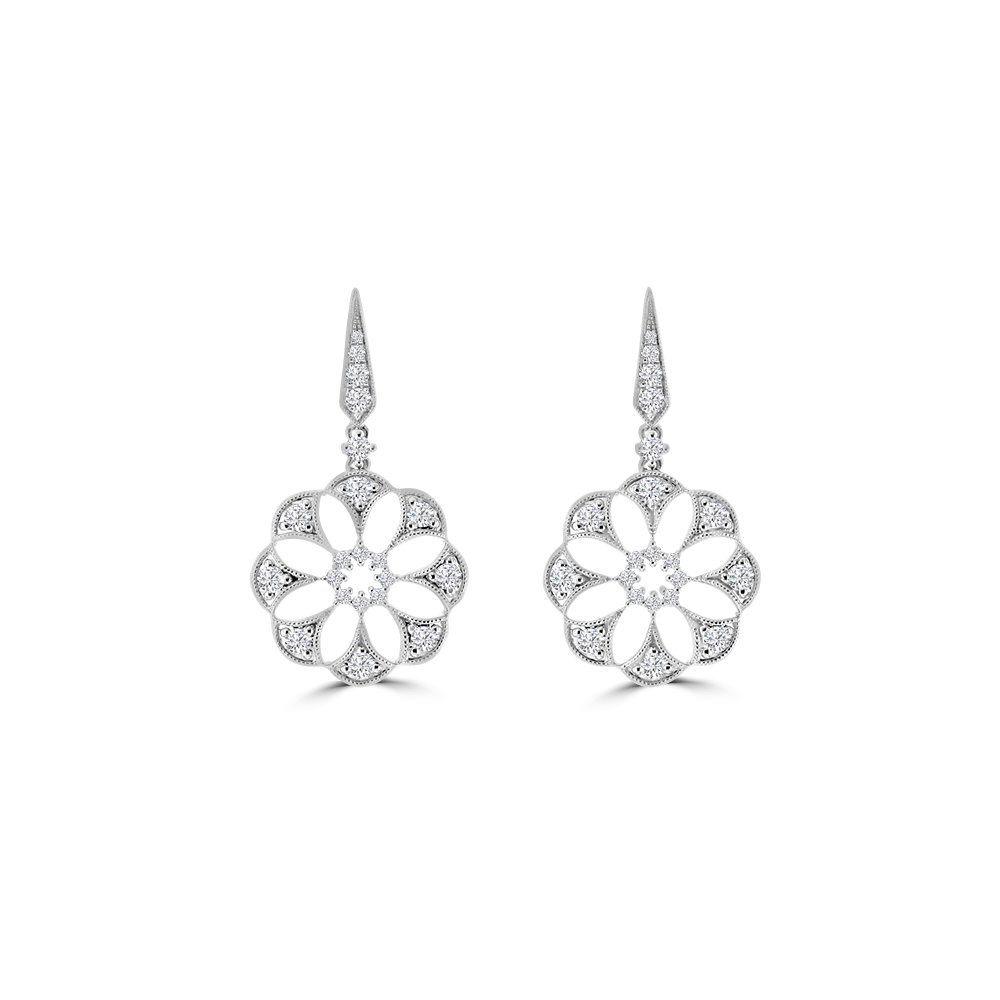 Diamond Floral Openwork Drop Earrings in 18K White Gold