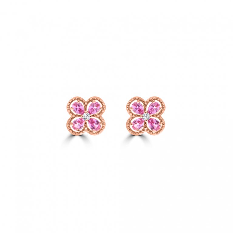 Pear Shaped Pink Sapphire Diamond Flower Stud Earrings
