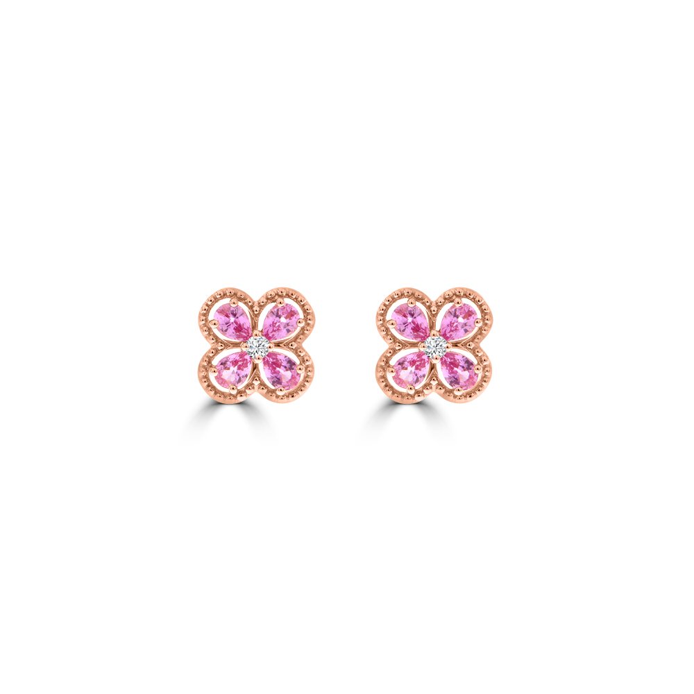 Pear Shaped Pink Sapphire Diamond Flower Stud Earrings