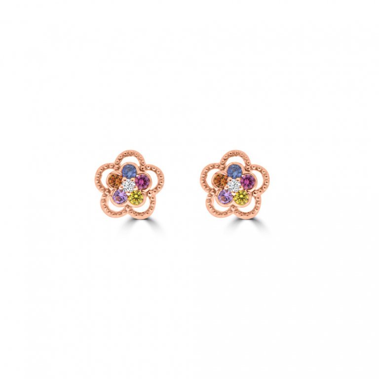 Rainbow Sapphire Diamond Flower Earrings