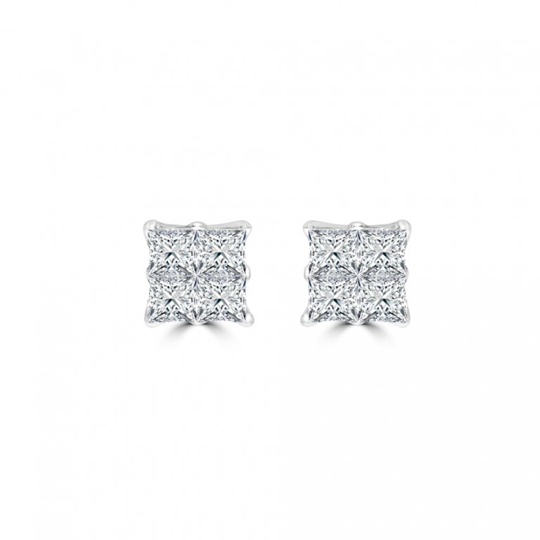 Diamond Princess Cut Cluster Stud Earrings (M) in 18K White Gold