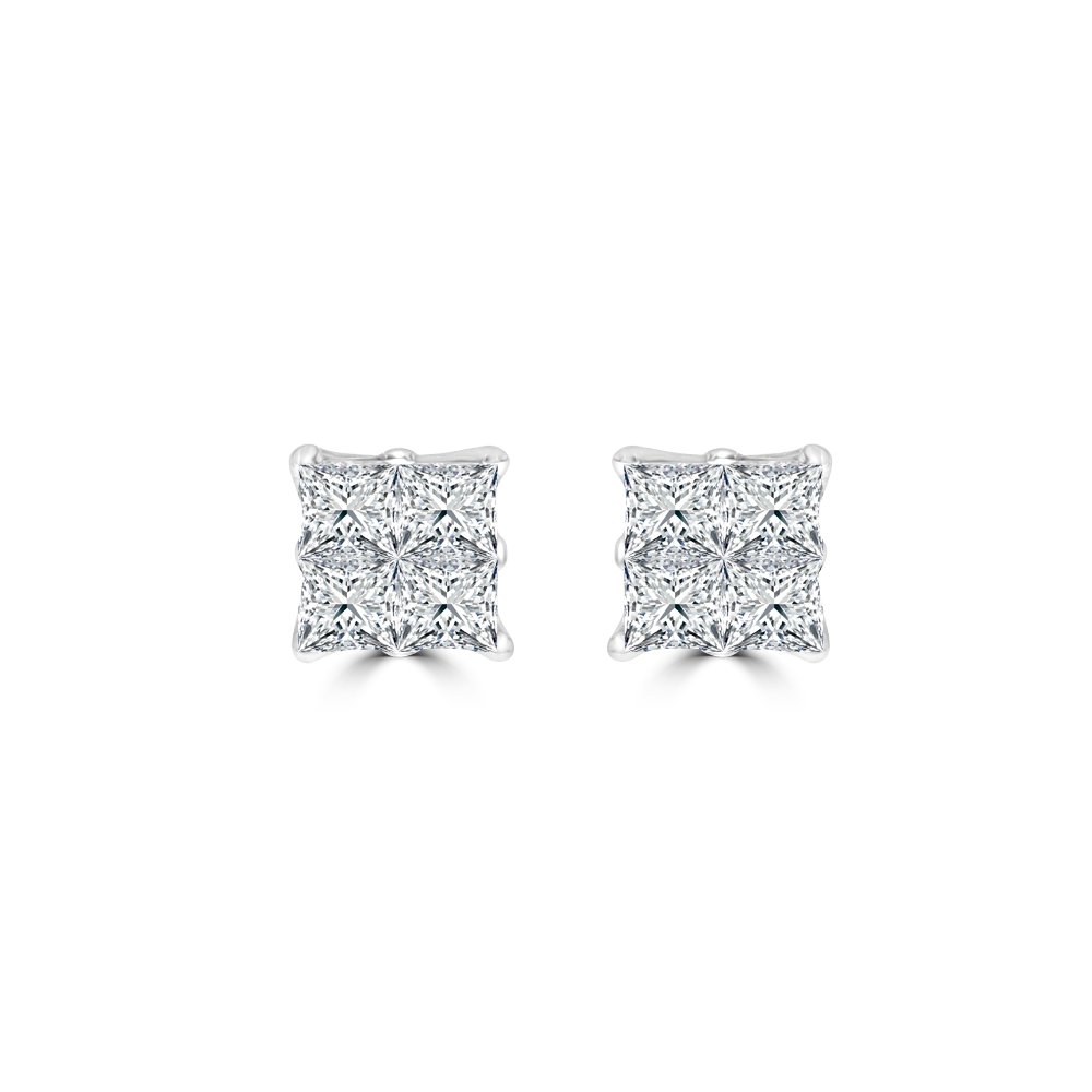 Diamond Princess Cut Cluster Stud Earrings (M) in 18K White Gold