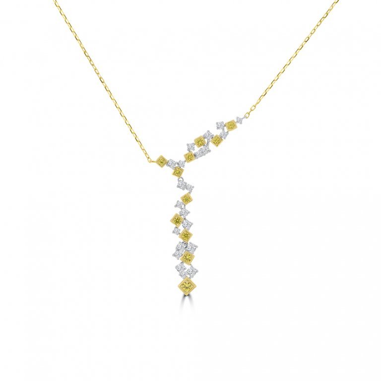 Yellow Sapphire Diamond Cluster Y Drop Necklace in 18K White Gold, 18K Yellow Gold