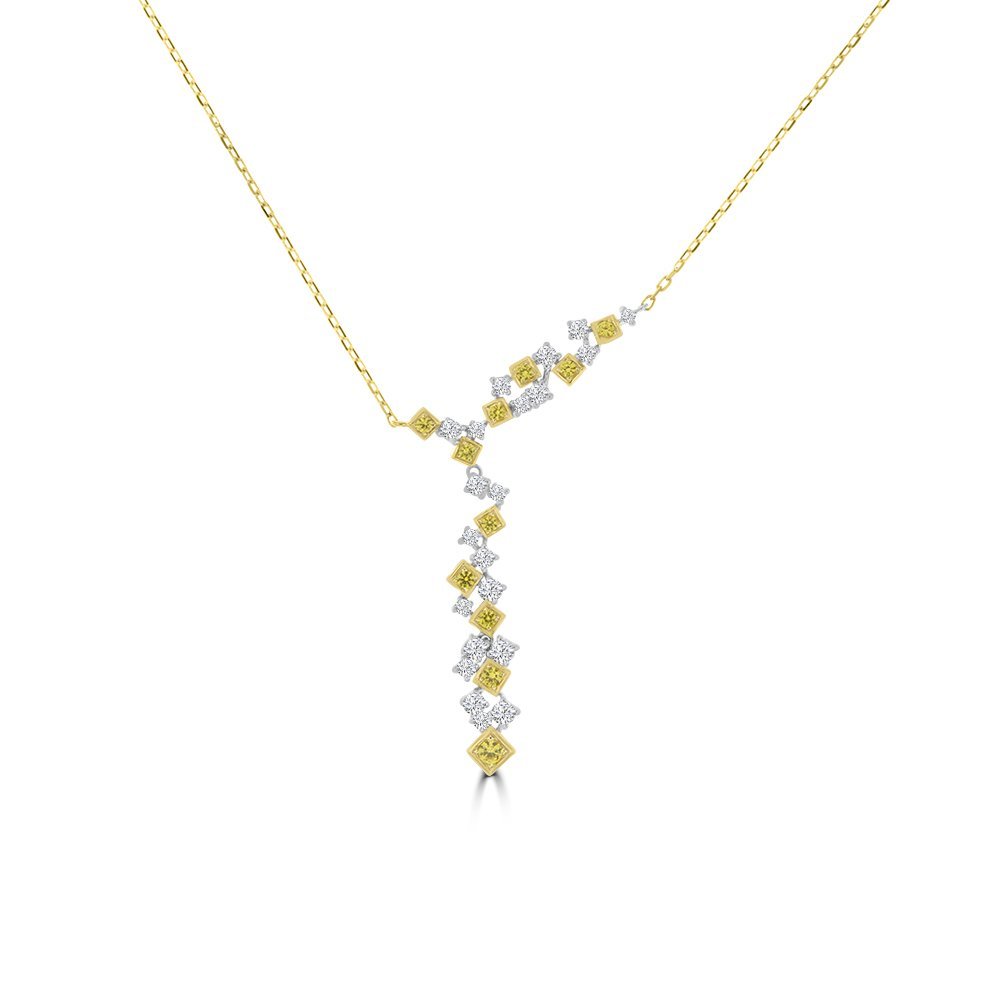 Yellow Sapphire Diamond Cluster Y Drop Necklace in 18K White Gold, 18K Yellow Gold