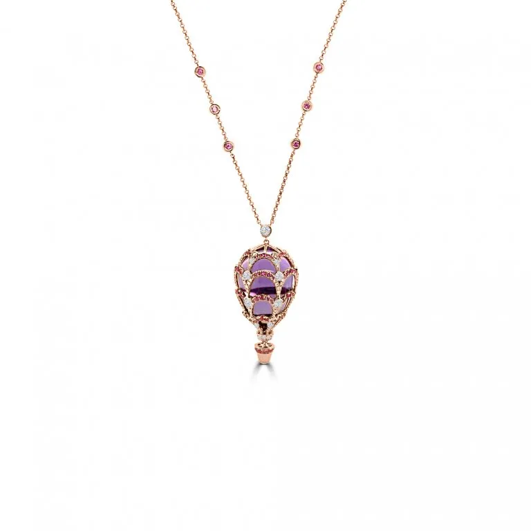Amethyst Pink Sapphire Diamond Hot Air Balloon Pendant with Chain in 18K Rose Gold