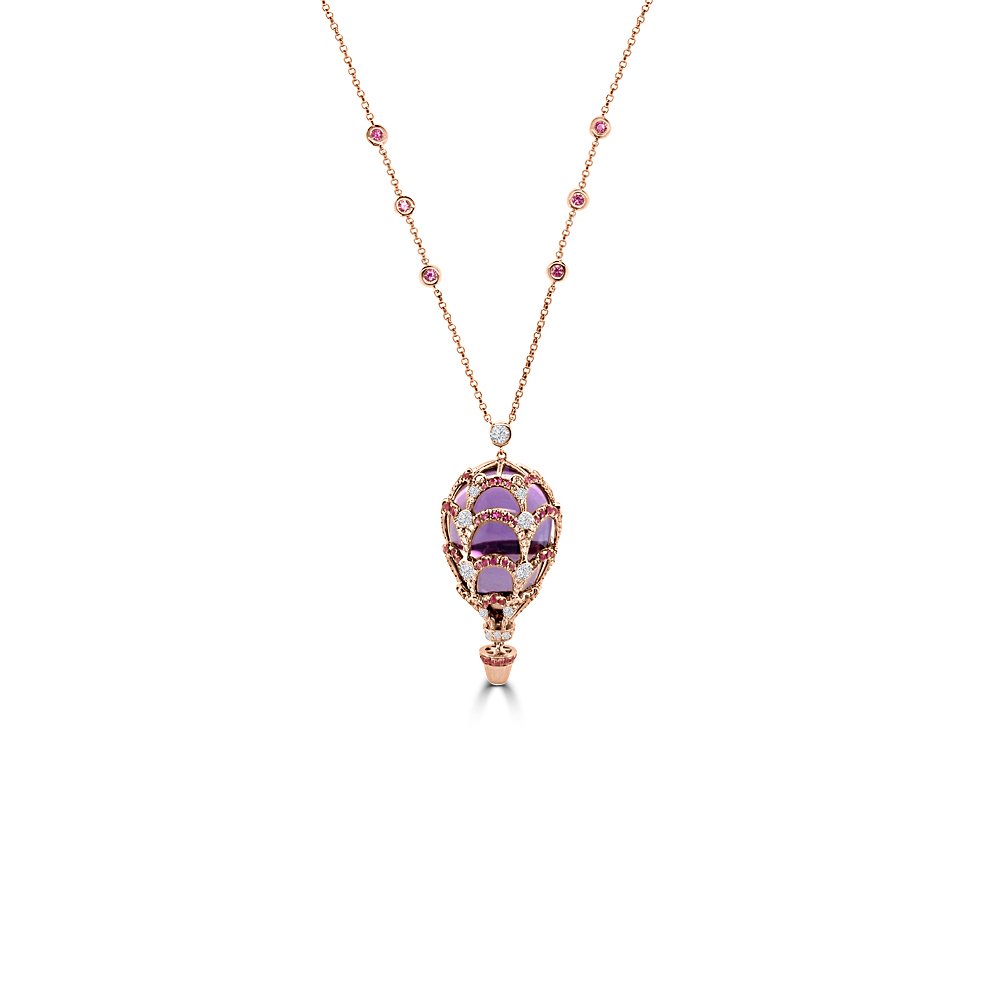 Amethyst Pink Sapphire Diamond Hot Air Balloon Pendant with Chain in 18K Rose Gold