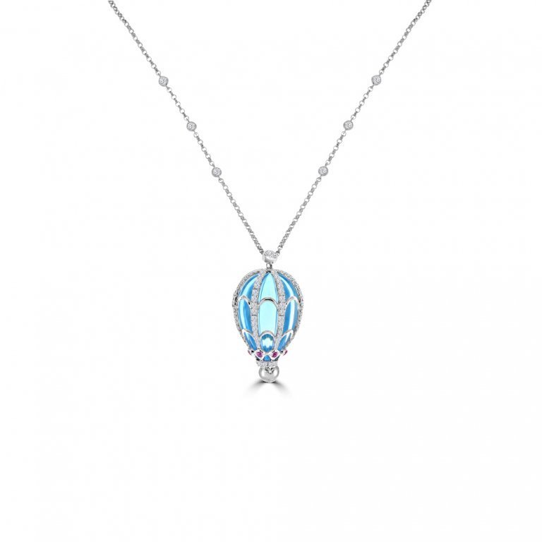 Blue Topaz Pink Sapphire Diamond Hot Air Balloon Pendant with Chain in 18K White Gold