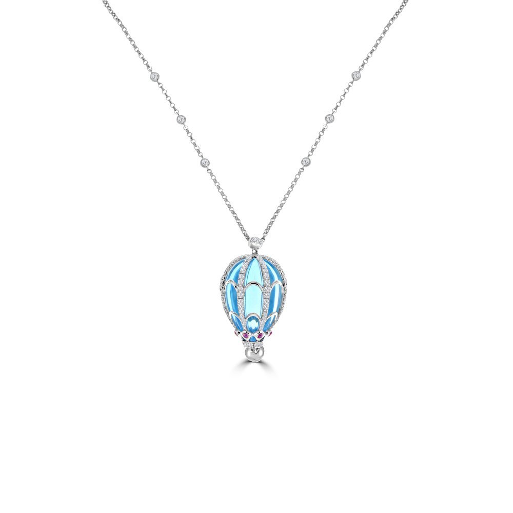 Blue Topaz Pink Sapphire Diamond Hot Air Balloon Pendant with Chain