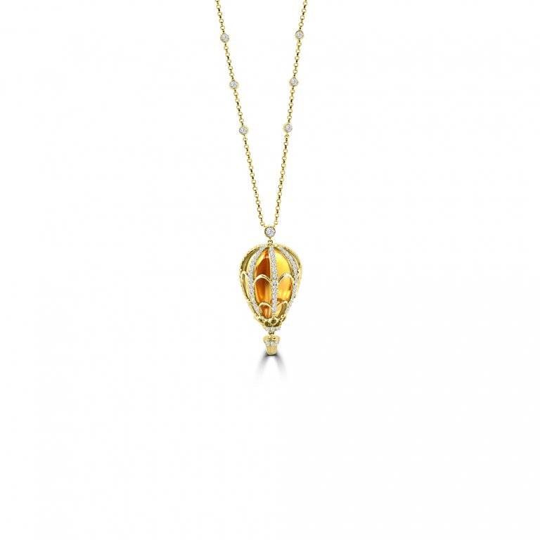 Citrine Orange Sapphire Diamond Hot Air Balloon Pendant with Chain in 18K Yellow Gold