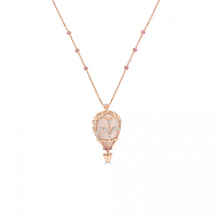 Rose Quartz Pink Sapphire Diamond Hot Air Balloon Pendant with Chain in 18K Rose Gold