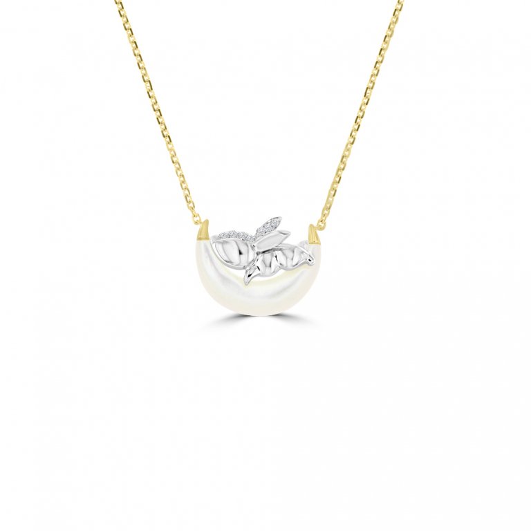 Mother of Pearl Diamond Moon Bunny Pendant with Chain in 18K White Gold, 18K Yellow Gold